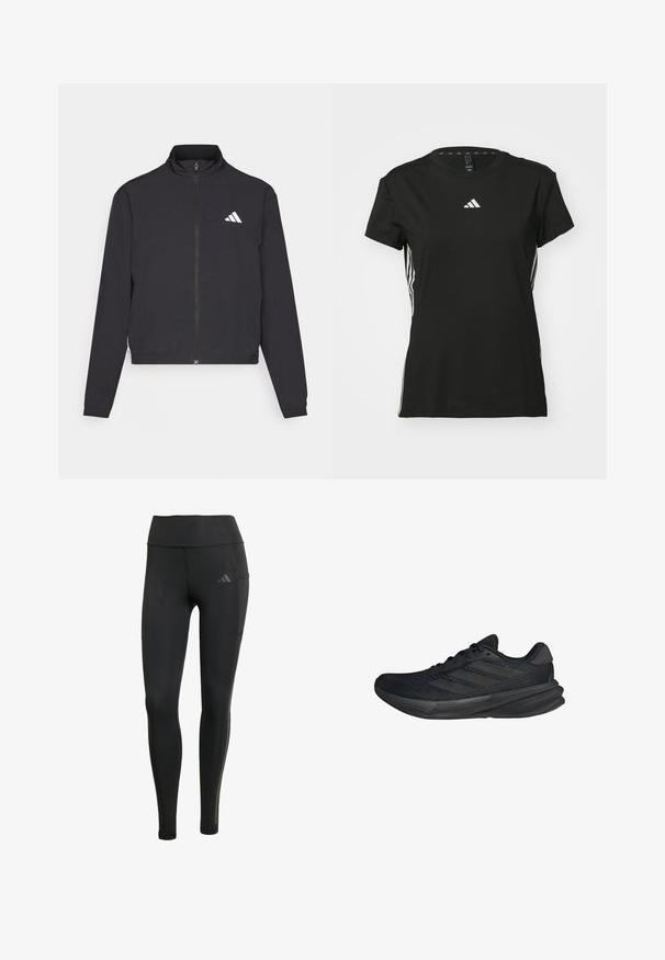 adidas Performance TRAIN ESSENTIALS 3 STRIPES WARM UP - Træningsjakke - black/white; Sort athletic t-shirt med korte ærmer, lavet af syntetisk materiale. Har et lille hvidt logo på brystet og hvide striber på siderne.; Sorte atletiske leggings lavet af strækbare materialer, med høj talje, tonale syninger og et lille logo på den øverste venstre ben.; Sorte sportssko med en mesh-overdel, strømlinet form, flad sål og tre diagonale striber på siden. Letvægtsdesign for komfort.