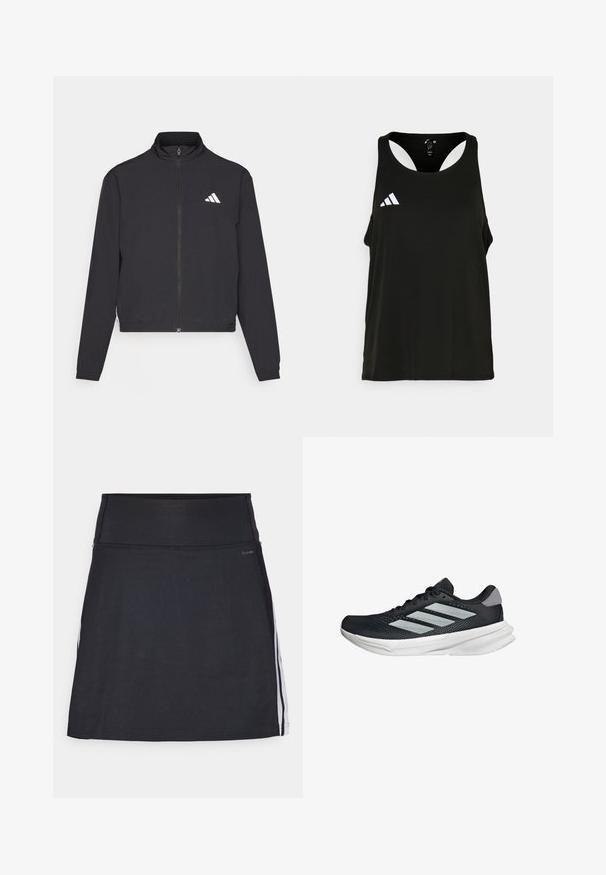 adidas Performance TRAIN ESSENTIALS 3 STRIPES WARM UP - Sportovní bunda - black/white; Černý sportovní tílko s kulatým výstřihem a odhaleným zadním designem. Na levé části hrudi je bílé logo Adidas. Měkká, lehká tkanina.; Černá sportovní sukně s širokým pasem, vyrobená z pružného materiálu. Obsahuje bílé boční pruhy a hladký, bezešvý vzhled.; Černé běžecké boty s vrchní částí z prodyšné síťoviny, třemi stříbrnými pruhy, bílou mezipodešví a texturovanou podešví. Obsahují polstrovaný límec a šněrování.