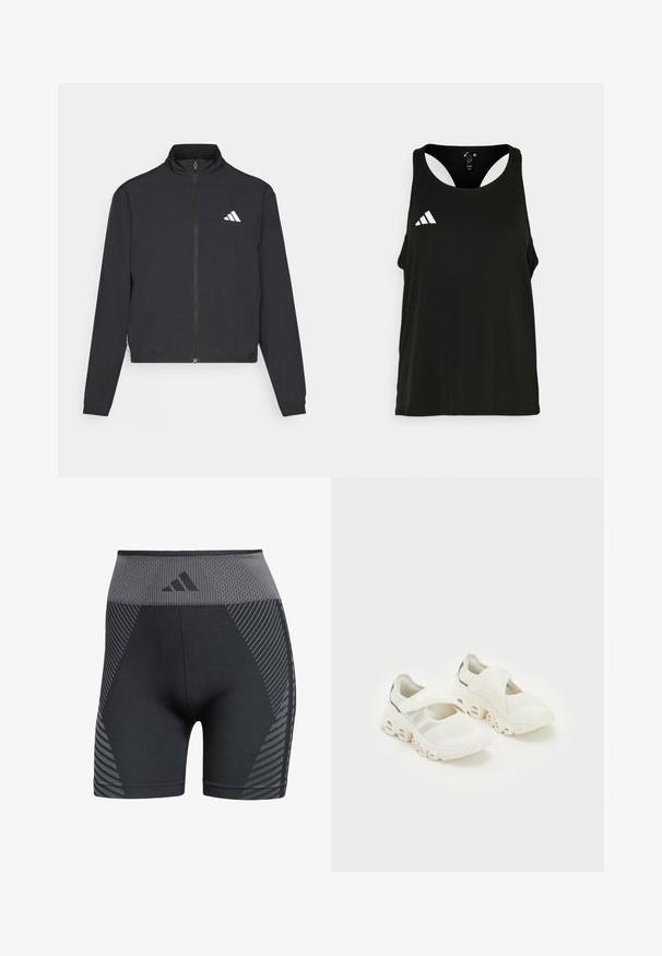 adidas Performance TRAIN ESSENTIALS 3 STRIPES WARM UP - Träningsjacka - black/white; Svart sportig linne med rund halsringning och öppen ryggdesign. Har en vit Adidas-logotyp på vänster bröstområde. Mjuk, lättviktig tyg.; Höga svarta träningsshorts med meshstruktur, prydda med grå geometriska mönster och en logotyp på midjebandet, gjorda av flexibelt material.; Vita nätlöparskor med spänne, vadderad ankelstöd och en distinkt böjd suluftdesign med urgröpta sektioner.