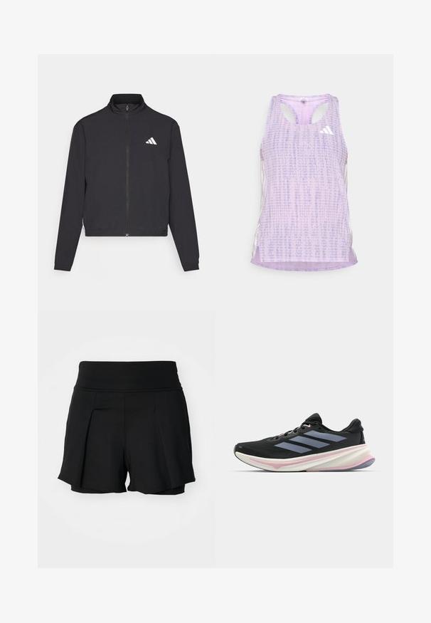 adidas Performance TRAIN ESSENTIALS 3 STRIPES WARM UP - Veste de survêtement - black/white; Débardeur de sport violet avec un tissu texturé et à motifs. Présente des côtés découpés et un petit logo blanc à l'avant.; Shorts de sport noirs avec une large taille, un design à plissés à l'avant et une doublure intérieure. Fabriqués en tissu léger et extensible.; Chaussures de sport noires avec une tige en mesh, présentant des rayures grises, une semelle intermédiaire blanche avec des touches roses et une semelle extérieure texturée.
