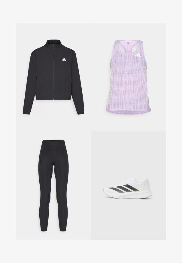 adidas Performance TRAIN ESSENTIALS 3 STRIPES WARM UP - Verryttelytakki - black/white; Violetti urheilualuspaita, jossa on kuvioitu, tekstuurinen kangas. Sisältää aukolliset sivut ja pienen valkoisen logon edessä.; Musta, korkeavyötäröiset legginsit joustavasta kankaasta. Niissä on sileä pinta, kapea leikkaus ja sivutaskut käytännöllisyyttä varten.; Valkoinen urheilukenkä, jossa on mustat viistot raidat, verkkosukka, pyöreä kärki ja teksturoitu pohja. Koristeina ovat hopeinen kantapää ja minimalistinen muotoilu.