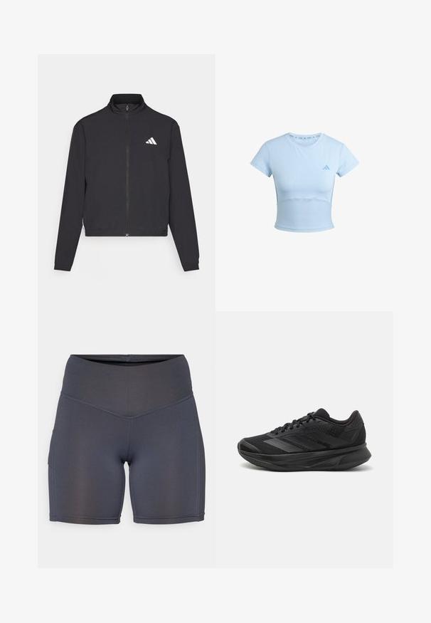 adidas Performance TRAIN ESSENTIALS 3 STRIPES WARM UP - Træningsjakke - black/white; Lyseblå cropped trænings t-shirt med korte ærmer, ribbet nederste sektion og subtilt logo på brystet. Glat tekstur, tætsiddende design.; Mørkegrå træningsshorts lavet af glat, strækbart stof. Har en høj talje og kontrasterende syninger samt en sidelomme.; Sort løbesko med en åndbar mesh-overdel, afrundet tå, strømlinet design, teksturerede detaljer og en polstret sål for komfort.