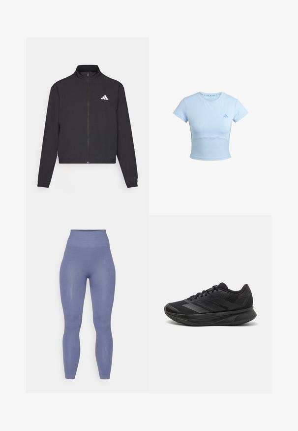 adidas Performance TRAIN ESSENTIALS 3 STRIPES WARM UP - Giacca sportiva - black/white; T-shirt atletico azzurro chiaro, cropped, con maniche corte, sezione inferiore a costine e logo discreto sul petto. Tessuto liscio, design aderente.; Leggings a vita alta in tessuto blu morbido, con una texture liscia e una silhouette aderente, che si estendono fino alla caviglia.; Scarpa da corsa nera con tomaia in rete traspirante, punta rotonda, design elegante, dettagli testurizzati e suola ammortizzata per il comfort.
