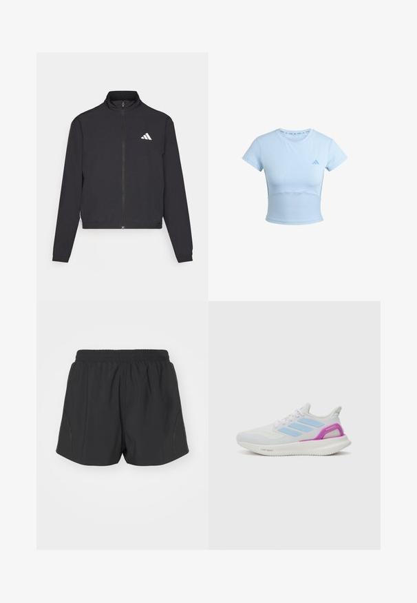 adidas Performance TRAIN ESSENTIALS 3 STRIPES WARM UP - Trainingsjacke - black/white; Hellblauses, kurzärmeliges Sports T-Shirt mit cropped Schnitt, geripptem Unterteil und dezentem Logo auf der Brust. Glatte Textur, figurbetontes Design.; Schwarze Laufshorts mit einem elastischen Bund, leichtem Gewebe und strukturiertem Design mit dezenten seitlichen Akzenten.; adidas Performance PUREBOOST 5 - Laufschuh Straße - white/glow blue/purple burst