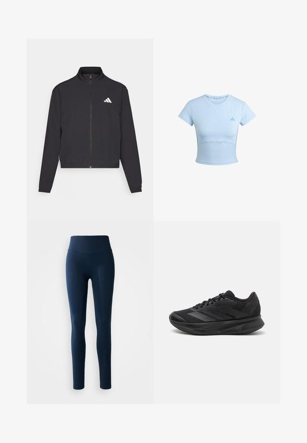 adidas Performance TRAIN ESSENTIALS 3 STRIPES WARM UP - Jakna za treniranje - black/white; Svijetloplavi skraćeni sportski majica s kratkim rukavima, rebrasti donji dio i suptilan logo na prsima. Glatka tekstura, prilagođen dizajn.; Navy plave tajice napravljene od rastezljivog rebrastog materijala, s visokim strukom i oblikovanim dizajnom, pogodne za aktivno nošenje.; Crne trkaće tenisice s prozračnom mrežastom gornjom konstrukcijom, zaobljenim prstima, elegantnim dizajnom, teksturiranim detaljima i mekanim potplatom za udobnost.