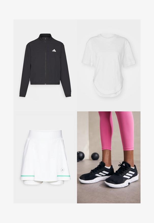 adidas Performance TRAIN ESSENTIALS 3 STRIPES WARM UP - Tréning dzseki - black/white; Fehér pamut póló, kerek nyakkivágással, rövid ujjakkal és ívelt alsó résszel. Simább textúrájú, minta vagy díszítés nélkül.; Fehér teniszszoknya beépített rövidnadrággal, széles derékpánttal, zöld hangsúlyos csíkokkal és logó részlettel a bal alsó részen.; Fekete sportcipők fehér csíkokkal, texturált hálós felsőrésszel és fehér talppal. Rózsaszín leggings-szel viselve, bemutatva az edzőruhákat.