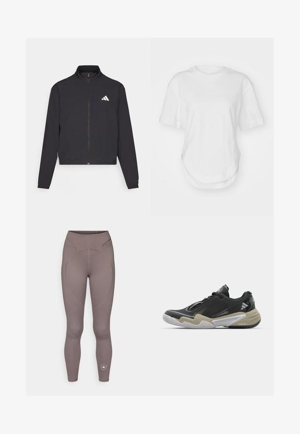 adidas Performance TRAIN ESSENTIALS 3 STRIPES WARM UP - Spordijakk - black/white; Valge puuvillane T-särk, millel on ümar kaelus, lühikesed varrukad ja kaardus ääreline. Sile tekstuur, ilma mustrite või aksessuaarideta.; adidas by Stella McCartney Retuusid - charcoal; Mustard ja beež spordijalats tekstuurse pealisega, silmapaistva tallakujundusega, peegeldava detailiga ja paeltesüsteemiga. Kerge konstruktsioon.