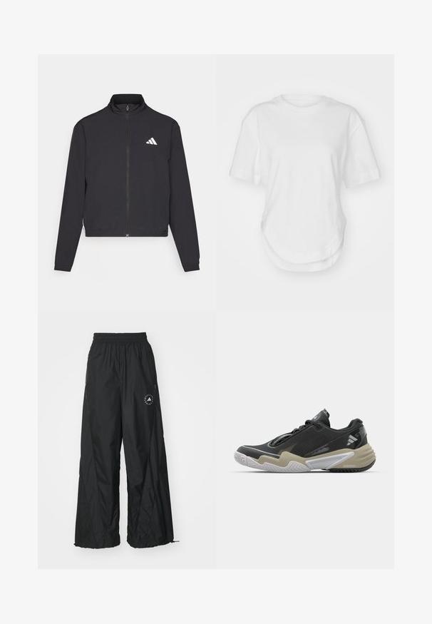 adidas Performance TRAIN ESSENTIALS 3 STRIPES WARM UP - Casaco de treino - black/white; T-shirt branca de algodão com decote redondo, mangas curtas e bainha curva. Textura suave sem padrões ou detalhes.; adidas by Stella McCartney PANT - Calças de fato de treino - carbon; Sapatilha desportiva preta e bege com parte superior texturizada, design de sola proeminente, acabamentos refletivos e sistema de atacadores. Construção leve.