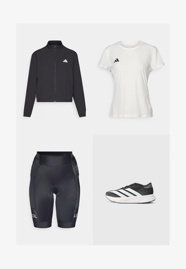adidas Performance TRAIN ESSENTIALS 3 STRIPES WARM UP - Treningsjakke - black/white; Hvit treningst-skjorte laget av fukttransporterende stoff. Korte ermer, rund hals, med svart logo og tre-stripes emblem på venstre bryst.; Svarte sykkelshorts laget av glatt stoff. Har polstret sete, høy midje og logo detaljer på sidene.; Svart treningssko med hvite striper, mesh-overdel, polstret såle og et elegant design. Grå detaljer på hælen og tungen.