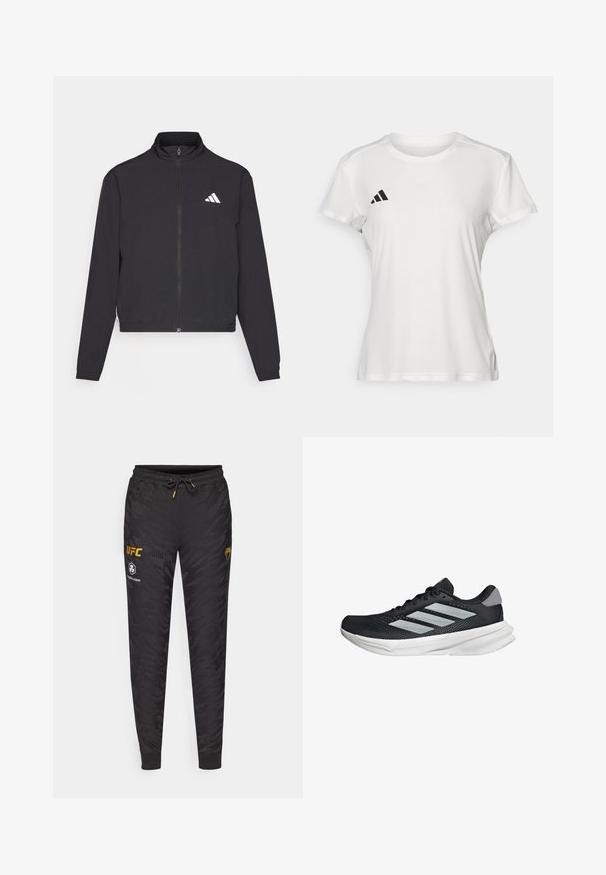 adidas Performance TRAIN ESSENTIALS 3 STRIPES WARM UP - Jakna za treniranje - black/white; Bijela atletska majica od tkanine koja upija vlagu. Kratki rukavi, okrugli izrez, s crnim logotipom i emblemom s tri pruge na lijevoj strani prsiju.; Crne trenirke s camo uzorkom, s elastičnim pojasom na vezanje, rebrastim manžetama i otisnutim UFC logotipima u zlatnoj i bijeloj boji.; Crne trkačke tenisice s mrežastim gornjim dijelom, tri srebrne pruge, bijeli srednji sloj i teksturirani potplat. Sadrži podstavljeni ovratnik i zatvaranje s vezicama.