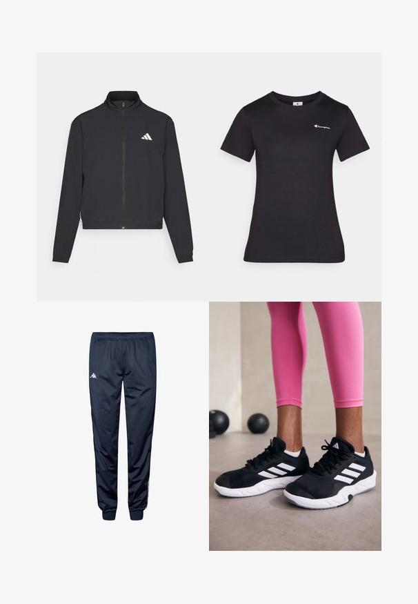 adidas Performance TRAIN ESSENTIALS 3 STRIPES WARM UP - Trainingsvest - black/white; Zwarte korte mouwen t-shirt van katoen, met een klein geborduurd logo op de borst. Klassiek crewneck ontwerp met een zachte textuur.; Marineblauwe sportbroek met elastische tailleband, manchetten aan de enkels en wit Kappa-logo op de bovenste linkerkant van het been.; Zwarte sportschoenen met witte strepen, structuur-mesh bovenwerk en een witte zool. Draagt bij roze leggings, die trainin gskleding laten zien.