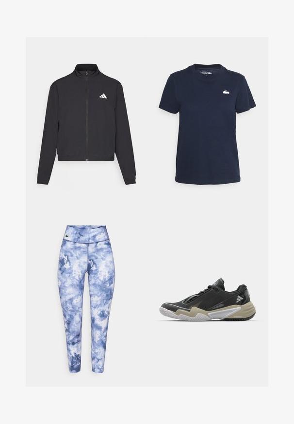 adidas Performance TRAIN ESSENTIALS 3 STRIPES WARM UP - Sportinė striukė - black/white; Tamsiai mėlynas medvilninis marškinėliai su apvaliu kaklu ir trumpomis rankovėmis. Yra mažas baltas Lacoste logotipas ant kairės krūtinės. Minkšta tekstūra.; Mėlyni tvirtinami leggingai su tinklelio raštu, pagaminti iš elastingos medžiagos. Turi platų juosmenį ir mažą prekės ženklo logotipą priekyje.; Juoda ir béžo spalvų sportinė avalynė su tekstūruota viršutine dalimi, išskirtiniu pado dizainu, atspindinčiomis detalėmis ir raištelių sistema. Lengva konstrukcija.