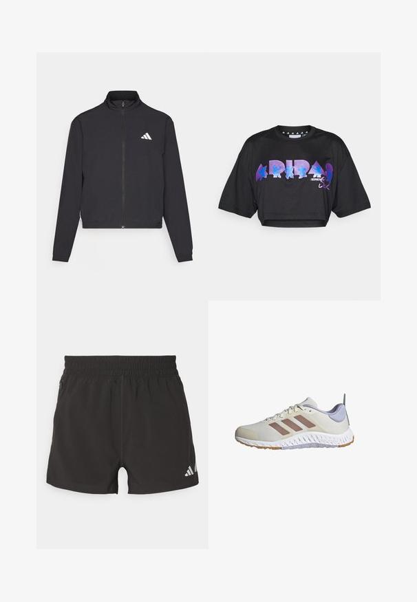 adidas Performance TRAIN ESSENTIALS 3 STRIPES WARM UP - Training jacket - black/white; Black cropped t-shirt in lightweight fabric, featuring large purple and blue graphic text and design elements on the front, with short sleeves.; Black athletic shorts made of lightweight fabric. Features an elastic waistband, side zipper pocket, and a reflective logo on the hem.; adidas Performance EVERYSET VERSATILE - Training shoe - chalk white warm clay violet tone