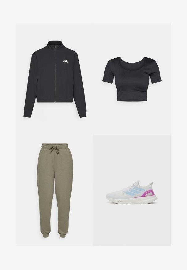 adidas Performance TRAIN ESSENTIALS 3 STRIPES WARM UP - Training jacket - black/white; Black ribbed cropped top with short sleeves, wide round neckline, and a fitted band at the bottom. Soft texture, casual design.; ONLY Play ONPLOUNGE LIFE REG NOOS - Tracksuit bottoms - kalamata; adidas Performance PUREBOOST 5 - Road running shoes - white/glow blue/purple burst
