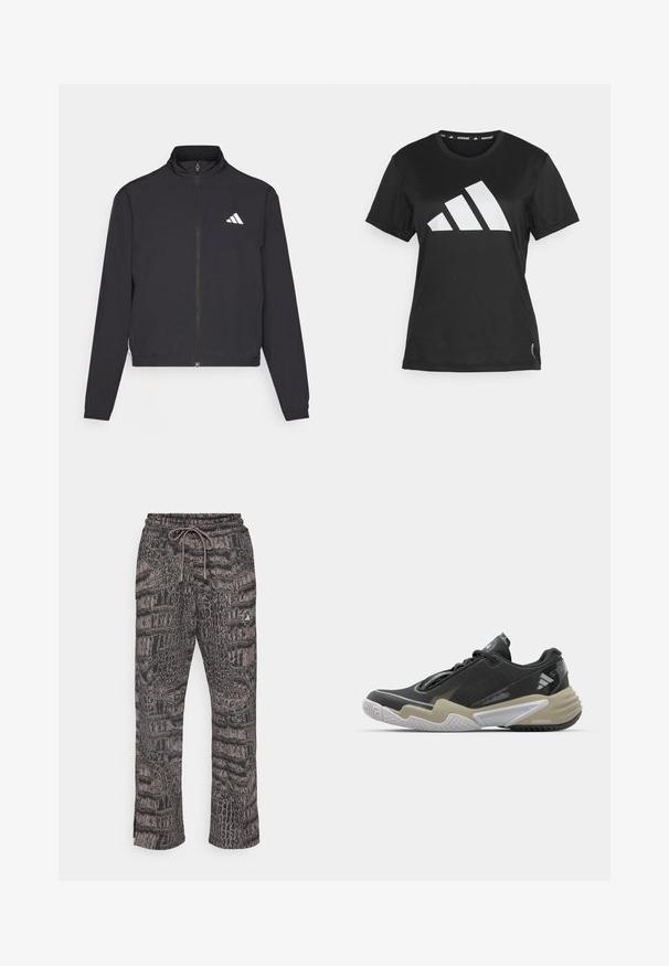 adidas Performance TRAIN ESSENTIALS 3 STRIPES WARM UP - Verryttelytakki - black/white; Musta urheilupaita, joka on valmistettu sileästä kankaasta. Paidassa on iso valkoinen kolmiraitalogo edessä ja vaatteessa on merkintätietoja helmassa.; adidas by Stella McCartney LOOSE - Verryttelyhousut - black/charcoal; Musta ja beige urheilukenkä, jossa on teksturoitu yläosa, merkittävä pohjarakenne, heijastavat yksityiskohdat ja nauhaketju. Kevyt rakenne.