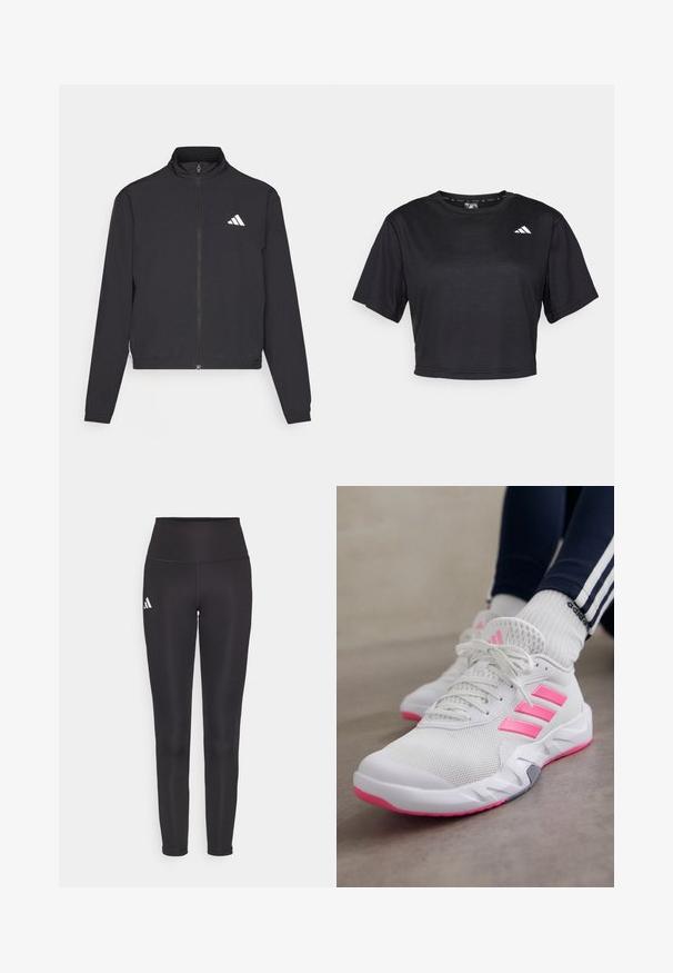 adidas Performance TRAIN ESSENTIALS 3 STRIPES WARM UP - Treningsjakke - black/white; Svart, kort erm t-skjorte laget av jevnt stoff. Har korte ermer, rund hals og en liten hvit logo på venstre foran.; Sorte høy midje leggings laget av elastisk stoff. Har en hvit logo på venstre side og et elegant, sømløst design. Glatt tekstur.; Hvit atletiske sko med rosa striper og såler, brukt med hvite Adidas sokker og marineblå bukser med hvite striper, på et grått gulv.