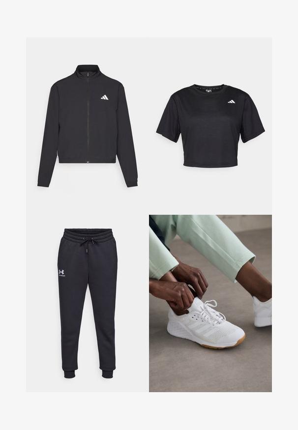 adidas Performance TRAIN ESSENTIALS 3 STRIPES WARM UP - Treningsjakke - black/white; Svart, kort erm t-skjorte laget av jevnt stoff. Har korte ermer, rund hals og en liten hvit logo på venstre foran.; Sorte joggebukser laget av mykt materiale, med elastisk midje og snor, smale ben og en liten hvit logo på venstre hofte.; Hvit idrettssko med mesh-overdel, gummisåle og tre-stripe design. Snøring justeres; lysegrå og mintgrønn klær synlig.