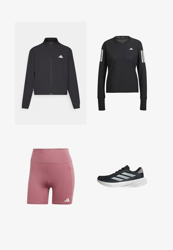 adidas Performance TRAIN ESSENTIALS 3 STRIPES WARM UP - Trainingsjacke - black/white; Schwarzes, langärmliges Sportshirt mit Rundhalsausschnitt, aus leichtem Material gefertigt. Verfügt über drei weiße Streifen an jedem Ärmel und ein Logo.; Rosa Sportshorts aus glattem Stoff, mit hohem Bund, Seitentasche und einem weißen Dreistreifen-Logo am unteren Rand.; Schwarzer Laufschuh mit Mesh-Obermaterial, drei silbernen Streifen, weißer Zwischensohle und strukturiertem Außensohle. Verfügt über einen gepolsterten Schaft und eine Schnürung.