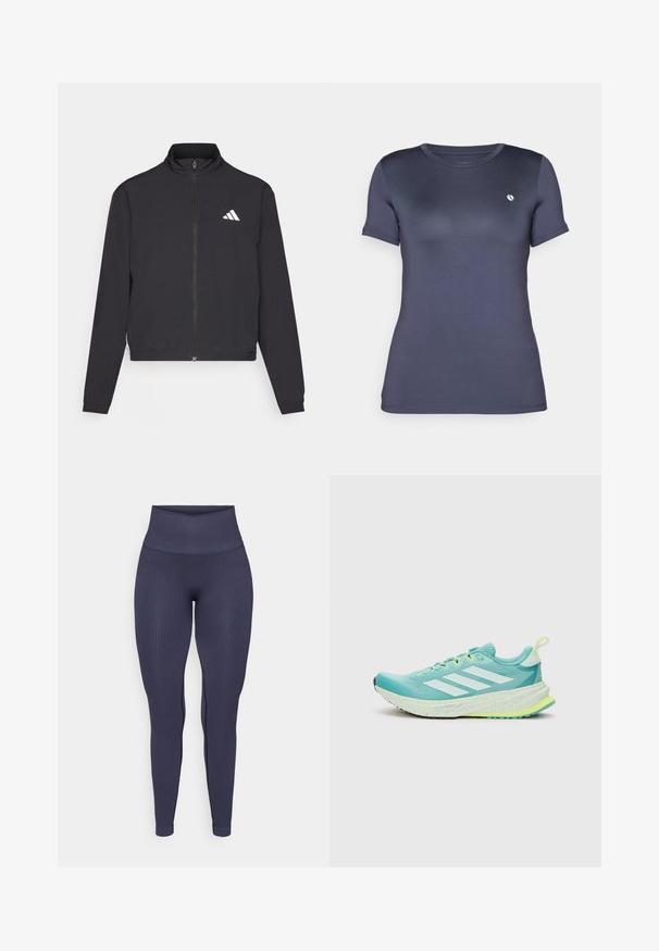adidas Performance ESSENTIALS 3 STRIPES czarny; Granatowa koszulka z krótkim rękawem, wykonana z gładkiego, elastycznego materiału. Posiada małe białe logo na lewej piersi. Klasyczny fason z okrągłym dekoltem.; Granatowe prążkowane legginsy z wysokim pasem, dopasowanym krojem i gładką fakturą, z subtelnymi detalami w bocznych szwach.; Jasnoniebieskie buty do biegania z białymi paskami, teksturowana cholewka, wyściółka wokół kostki oraz żółto-zielone akcenty na podeszwie i sznurówkach.
