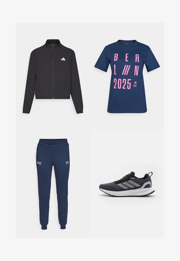 adidas Performance TRAIN ESSENTIALS 3 STRIPES WARM UP - Trainingsjacke - black/white; Dunkelblaues Baumwoll-T-Shirt mit großem pinkfarbenem Text "BERLIN 2025" und grafischen Akzenten. Runder Ausschnitt und kurze Ärmel.; Marineblaue Jogginghose aus weichem Stoff, mit einem Kordelzugbund, gerippten Bündchen und gedrucktem UFC-Logo auf der linken Seite.; Schwarzer Sportschuh mit Obermaterial aus Mesh, weißer Mittelsohle, strukturiertem Gummisohle und drei grauen Streifen an der Seite. Verfügt über Schnürsenkel und eine Zuglasche.