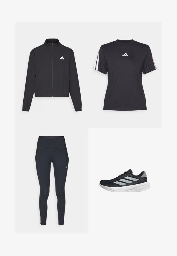 adidas Performance TRAIN ESSENTIALS 3 STRIPES WARM UP - Training jacket - black/white; Black athletic t-shirt made of soft fabric, featuring a crew neckline, short sleeves, and three white stripes on each shoulder. White logo on chest.; ASICS ROAD HIGH WAIST - Winter tights - performance black; Black running shoe with mesh upper, three silver stripes, white midsole, and textured outsole. Features padded collar and lace closure.