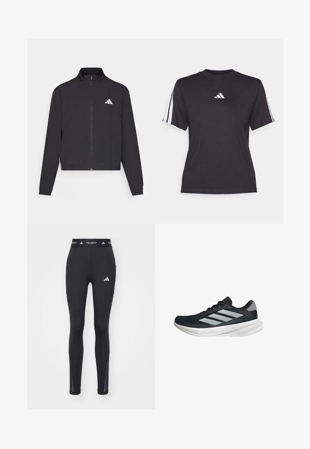 adidas Performance TRAIN ESSENTIALS 3 STRIPES WARM UP - Verryttelytakki - black/white; Musta urheilu t-paita pehmeästä kankaasta, jossa on pyöreä kaula-aukko, lyhyet hihat ja kolme valkoista raitaa kummallakin olkapäällä. Valkoinen logo rinnassa.; Mustat urheilulegginsit, joissa on istuva muotoilu, valmistettu joustavasta materiaalista, jossa on logo lantiolla ja verkkokankaiset yksityiskohdat nilkoissa.; Musta juoksukenkä, jossa on verkko-osa ylhäällä, kolme hopeista raitaa, valkoinen välipohja ja teksturoitu pohja. Varustettu pehmustetulla nilkkaremmeillä ja nauhakiinnityksellä.