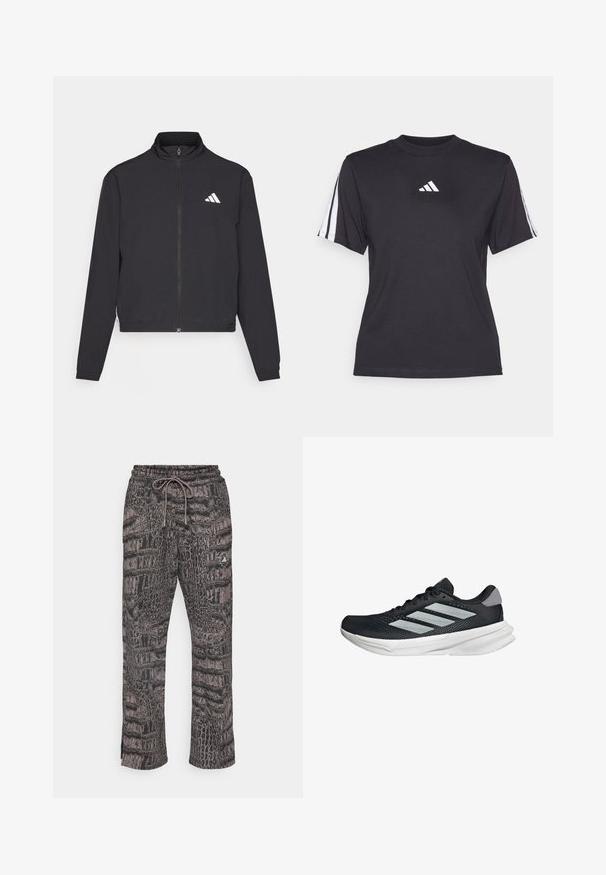 adidas Performance TRAIN ESSENTIALS 3 STRIPES WARM UP - Sportovní bunda - black/white; Černé sportovní tričko vyrobené z měkkého materiálu, s kulatým výstřihem, krátkými rukávy a třemi bílými pruhy na každém rameni. Bílé logo na hrudi.; adidas by Stella McCartney LOOSE - Teplákové kalhoty - black/charcoal; Černé běžecké boty s vrchní částí z prodyšné síťoviny, třemi stříbrnými pruhy, bílou mezipodešví a texturovanou podešví. Obsahují polstrovaný límec a šněrování.