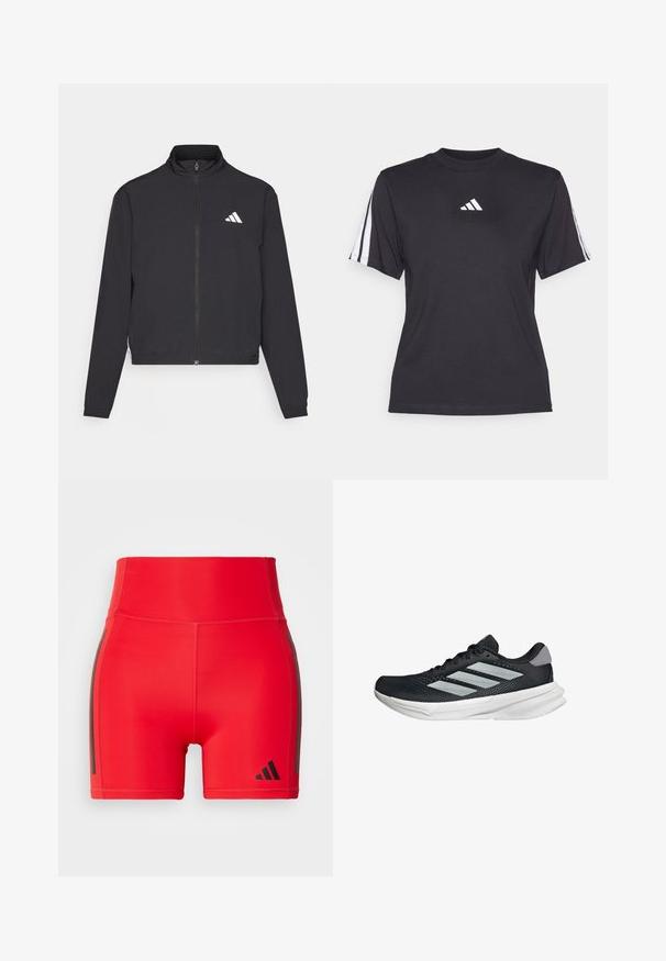 adidas Performance TRAIN ESSENTIALS 3 STRIPES WARM UP - Trainingsjacke - black/white; Schwarzes Sport-T-Shirt aus weichem Material, mit Rundhalsausschnitt, kurzen Ärmeln und drei weißen Streifen auf jeder Schulter. Weißes Logo auf der Brust.; Rote Sportshorts mit hohem Bund, aus dehnbarem Material, mit schwarzen Seitenstreifen und einem eingeprägten Logo in der unteren Ecke.; Schwarzer Laufschuh mit Mesh-Obermaterial, drei silbernen Streifen, weißer Zwischensohle und strukturiertem Außensohle. Verfügt über einen gepolsterten Schaft und eine Schnürung.