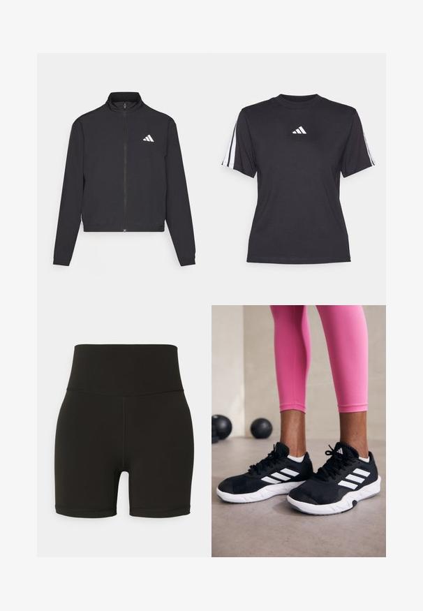 adidas Performance TRAIN ESSENTIALS 3 STRIPES WARM UP - Jakna za treniranje - black/white; Crna atletska majica od mekanog materijala, s okruglim izrezom, kratkim rukavima i tri bijele pruge na svakom ramenu. Bijeli logo na prsima.; Crne biciklističke tajice visokog struka napravljene od rastezljivog materijala, s bešavnom dizajnom i šivenim detaljima, završavaju iznad koljena.; Crne atletske cipele s bijelim prugama, gornji dio od teksturirane mrežaste tkanine i bijelim potplatom. Nošene uz ružičaste tajice, prikazujući trenirku.