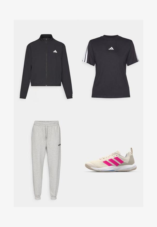 adidas Performance TRAIN ESSENTIALS 3 STRIPES WARM UP - Treningsjakke - black/white; Svart treningstrøye laget av myk stoff, med rund hals, korte ermer og tre hvite striper på hver skulder. Hvit logo på brystet.; Grå joggebukser laget av mykt stoff, med elastisk midjebånd med snøring, avsmalnende hem og en svart logo på venstre lår.; Beige atletik sko med rosa tre-stripes logo, teksturert mesh-overdel, polstret krage og hvit gummisåle, med "LIGHTSTRIKE" merke.