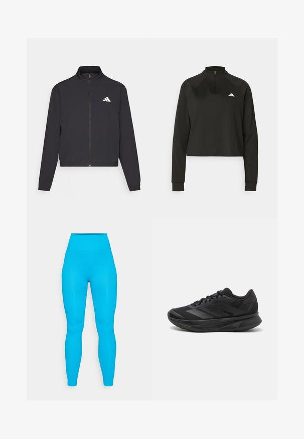 adidas Performance TRAIN ESSENTIALS 3 STRIPES WARM UP - Sportovní bunda - black/white; Černý pulovr na čtvrt zip vyrobený z hladkého materiálu, s dlouhými rukávy, vysokým límcem a bílým logem na levé hrudi.; Žebrované modré legíny s vysokým pasem, těsně přiléhající design a hladká textura, vhodné pro sportovní nebo ležérní nošení.; Černé běžecké boty s prodyšným síťovaným svrškem, kulatou špičkou, elegantním designem, texturovanými detaily a polstrovanou podrážkou pro pohodlí.