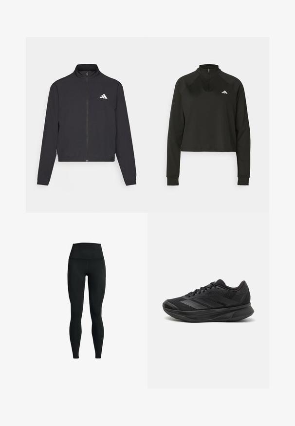 adidas Performance TRAIN ESSENTIALS 3 STRIPES WARM UP - Tréningová bunda - black/white; Čierny pulóver s krátkym zipsom, vyrobený z hladkého materiálu, dlhé rukávy, s vysokým golierom a bielym logom na ľavej hrudi.; Čierne legíny s vysokým pásom, vyrobené z elastického materiálu. Majú hladkú textúru a priliehavý strih, ideálne na športové aktivity.; Čierna bežecká obuv s priedušným sieťovaným zvrškom, zaoblenou špičkou, štíhlym dizajnom, štruktúrovanými akcentmi a polstrovanou podrážkou pre pohodlie.