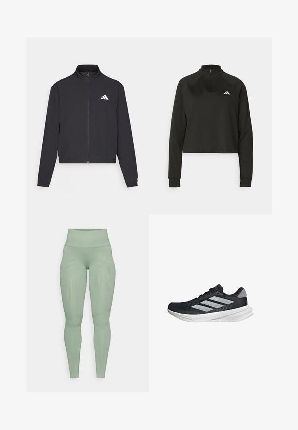 adidas Performance TRAIN ESSENTIALS 3 STRIPES WARM UP - Sportovní bunda - black/white; Černý pulovr na čtvrt zip vyrobený z hladkého materiálu, s dlouhými rukávy, vysokým límcem a bílým logem na levé hrudi.; Žebrované legíny s vysokým pasem v měkké šalvějově zelené barvě. Vyrobené z elastického materiálu s těsným střihem pro větší pohodlí.; Černé běžecké boty s vrchní částí z prodyšné síťoviny, třemi stříbrnými pruhy, bílou mezipodešví a texturovanou podešví. Obsahují polstrovaný límec a šněrování.