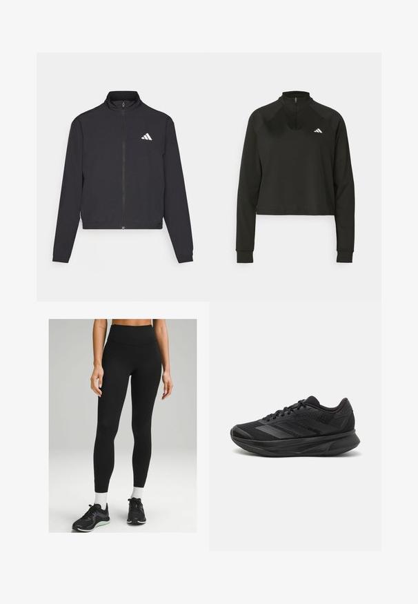 adidas Performance TRAIN ESSENTIALS 3 STRIPES WARM UP - Træningsjakke - black/white; Sort quarter-zip trøje lavet af glat stof med lange ærmer, med en høj krave og et hvidt logo på venstre bryst.; Sorte højtaljede leggings lavet af strækbart materiale, med et elegant design, glat tekstur og subtil sidelæring. Sammen med sorte sportssko.; Sort løbesko med en åndbar mesh-overdel, afrundet tå, strømlinet design, teksturerede detaljer og en polstret sål for komfort.