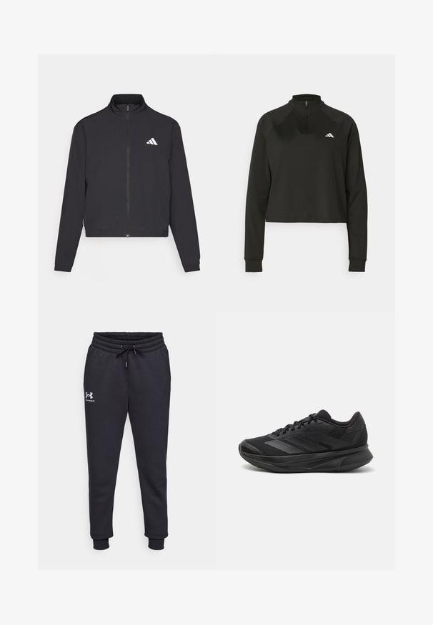 adidas Performance TRAIN ESSENTIALS 3 STRIPES WARM UP - Träningsjacka - black/white; Svart kvartdragspullover gjord av slät tyg med långa ärmar, med en hög krage och en vit logotyp på vänster bröst.; Svarta sweats som är gjorda av mjukt material, med elastisk midja och snodd, avsmalnande ben och en liten vit logotyp på vänster höft.; Svart löparskor med ett andningsbart mesh-övre, rund tå, elegant design, texturerade accenter och en dämpad sula för komfort.