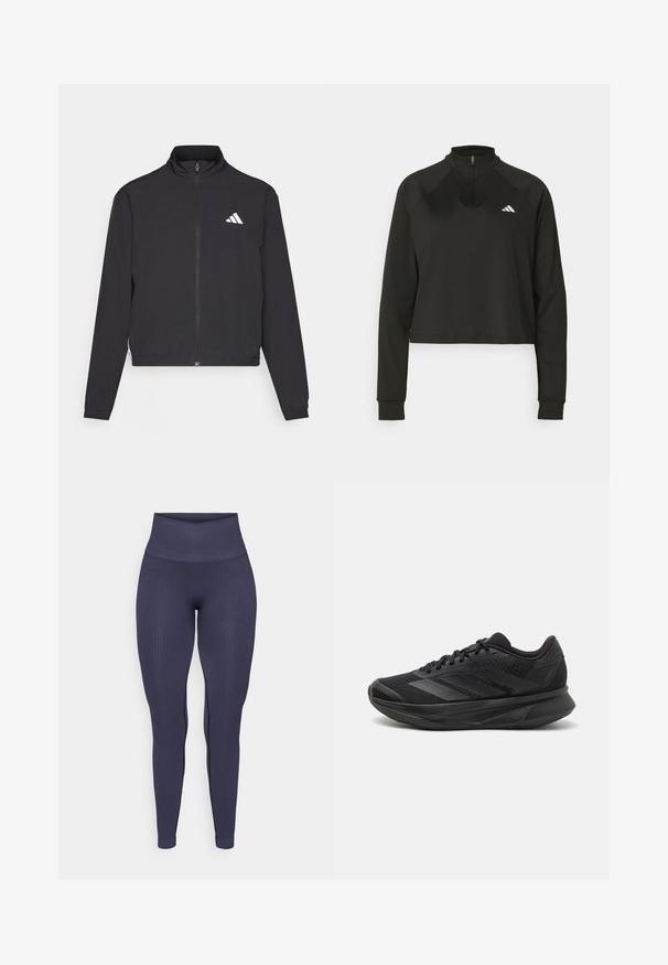 adidas Performance TRAIN ESSENTIALS 3 STRIPES WARM UP - Træningsjakke - black/white; Sort quarter-zip trøje lavet af glat stof med lange ærmer, med en høj krave og et hvidt logo på venstre bryst.; Marineblå ribbede leggings med høj talje, tætsiddende design og en glat tekstur, der har diskrete detaljer i sidesømmen.; Sort løbesko med en åndbar mesh-overdel, afrundet tå, strømlinet design, teksturerede detaljer og en polstret sål for komfort.