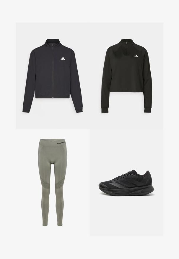 adidas Performance TRAIN ESSENTIALS 3 STRIPES WARM UP - Trainingsvest - black/white; Zwarte quarter-zip pullover van gladde stof met lange mouwen, voorzien van een hoge kraag en een wit logo op de linkerborst.; Hummel SHAPING SEAMLESS - Tights - seagrass; Zwarte hardloopschoen met een ademende mesh bovenkant, ronde neus, slank ontwerp, textuuraccenten en een gevoerde zool voor comfort.