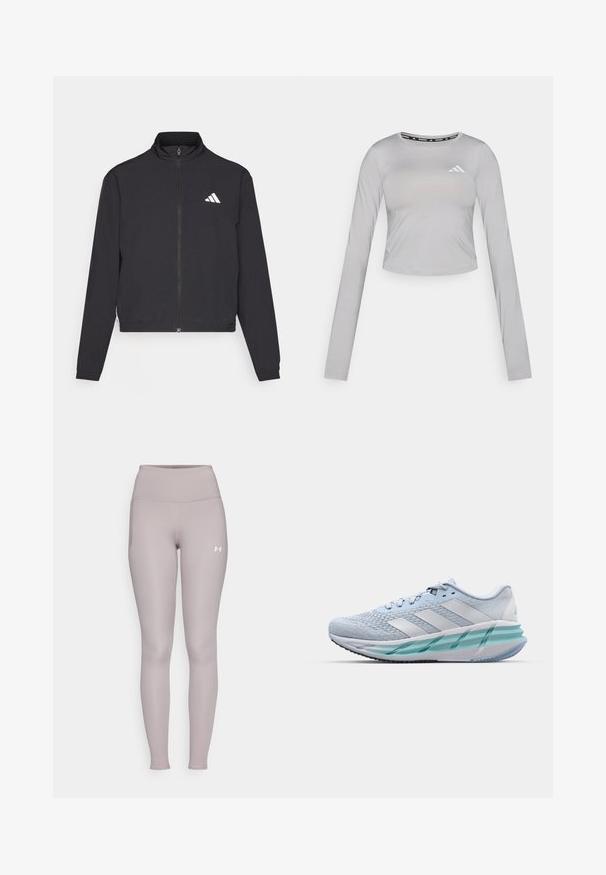 adidas Performance TRAIN ESSENTIALS 3 STRIPES WARM UP - Trainingsvest - black/white; Grijs crop top met lange mouwen gemaakt van gladde stof, voorzien van een ronde halslijn en een subtiel logo op het linkerborstgebied.; Under Armour MOTION LEGGING - Tights - tetra gray/white; Lichtblauwe sportschoenen met een gestructureerde breitbovenkant, witte accenten en een doorzichtige groene tussenzool. Ronde neus en gevoerde kraag.