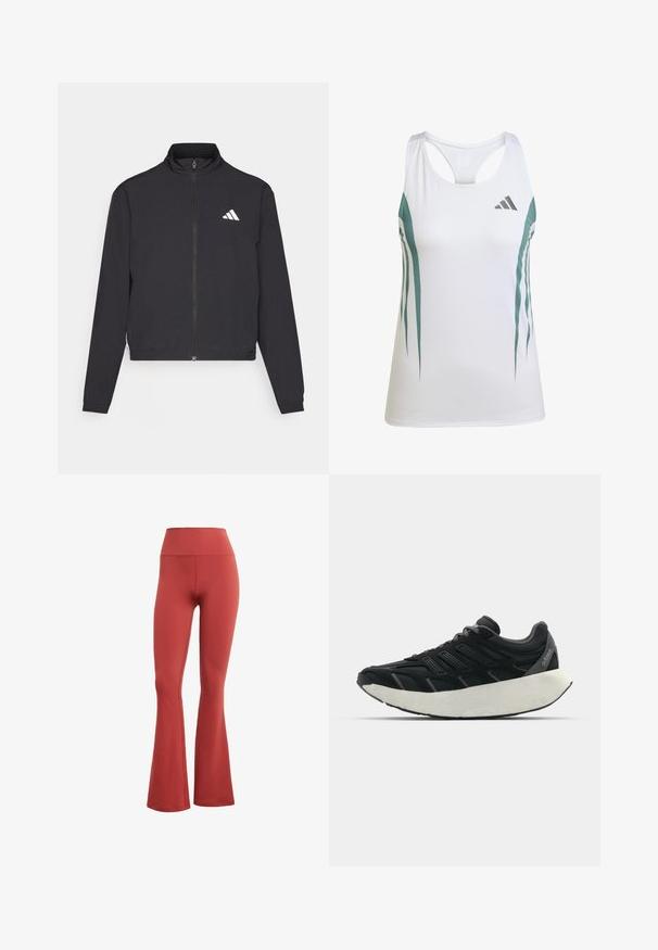 adidas Performance TRAIN ESSENTIALS 3 STRIPES WARM UP - Trainingsjacke - black/white; Weißes Sport-Tanktop mit türkisfarbenen Akzenten und geometrischem Muster. Verfügt über ein Racerback-Design und leichten, strukturierten Stoff.; Rote ausgestellte Leggings mit hoher Taille, aus dehnbarem Stoff. Glatte Textur ohne sichtbare Muster oder Hardware.; Schwarzer Sportschuh mit strukturiertem Obermaterial, mehreren grauen Akzenten und einer dicken weißen Zwischensohle. Leichtes Design mit atmungsaktivem Material.