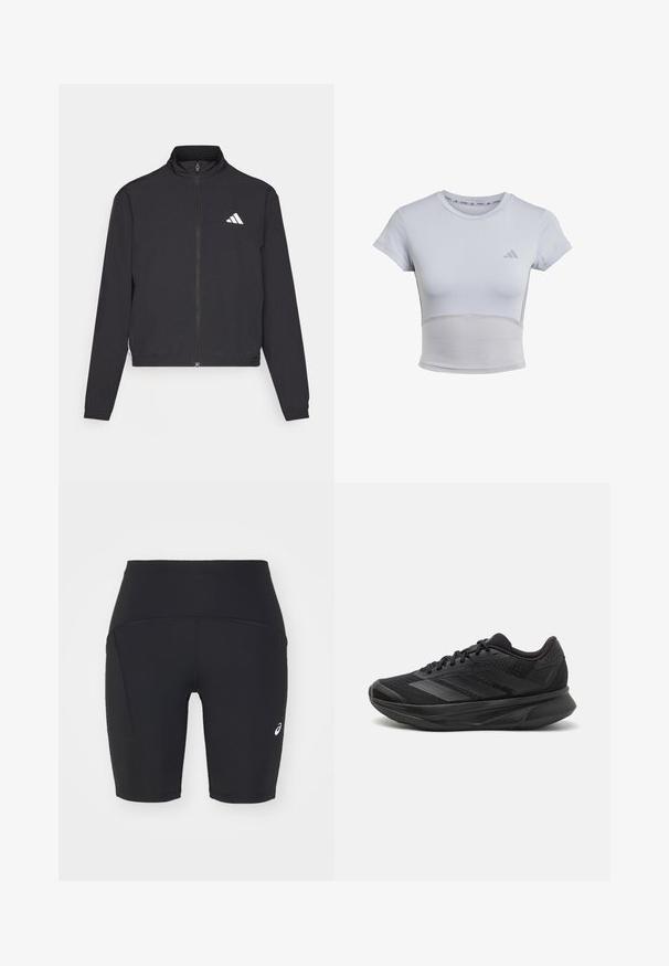 adidas Performance TRAIN ESSENTIALS 3 STRIPES WARM UP - Training jacket - black/white; adidas Performance Sports T-shirt - halo silver grey; Black athletic shorts made from smooth, stretchy fabric. Features a side pocket and a white logo on the left side.; Black running shoe with a breathable mesh upper, rounded toe, sleek design, textured accents, and a cushioned sole for comfort.