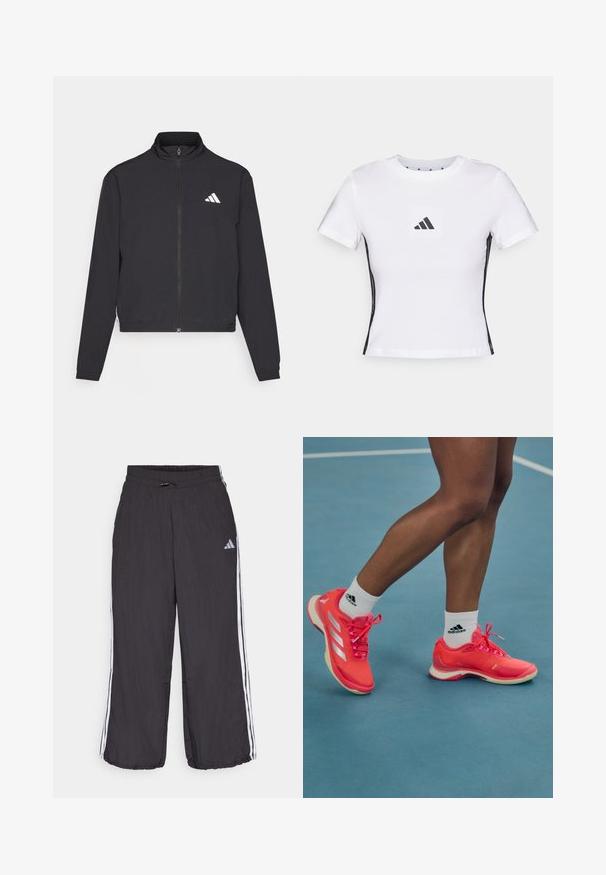 adidas Performance TRAIN ESSENTIALS 3 STRIPES WARM UP - Training jacket - black/white; White short-sleeve t-shirt made from cotton, featuring a black Adidas logo in a square patch and black side accents. Classic crew neckline.; Black track pants with an elastic waistband, featuring white side stripes and subtle branding on the upper left leg. Lightweight material.; Bright pink athletic shoes with white accents and laces, featuring a smooth texture and a rubber sole, worn with white Adidas socks.