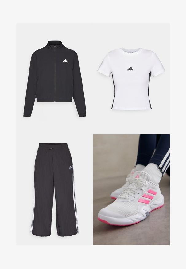adidas Performance TRAIN ESSENTIALS 3 STRIPES WARM UP - Training jacket - black/white; White short-sleeve t-shirt made from cotton, featuring a black Adidas logo in a square patch and black side accents. Classic crew neckline.; Black track pants with an elastic waistband, featuring white side stripes and subtle branding on the upper left leg. Lightweight material.; White athletic shoes with pink stripes and soles, worn with white Adidas socks and navy pants with white stripes, on a gray floor.