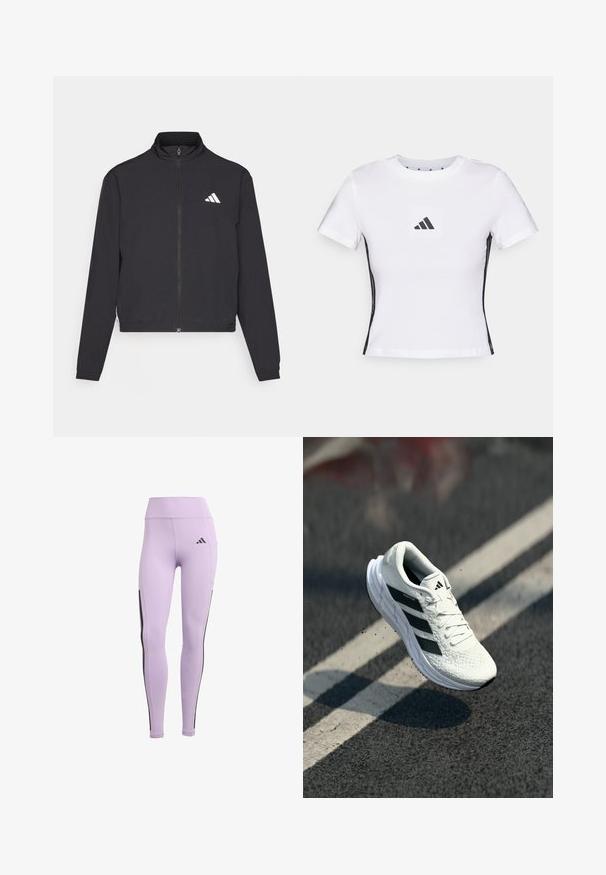 adidas Performance ESSENTIALS 3 STRIPES czarny; Biała koszulka z krótkim rękawem wykonana z bawełny, z czarnym logo Adidasa na kwadratowej naszywce i czarnymi akcentami po bokach. Klasyczny okrągły dekolt.; Fioletowe legginsy sportowe z wysokim stanem, elastycznego materiału, czarnymi paskami po bokach oraz logo Adidas z przodu.; Białe buty biegowe z teksturowaną cholewką, czarnym wzorem w trzy paski, wyściełanym kołnierzem i lekką podeszwą, umieszczone w powietrzu nad nawierzchnią drogi.