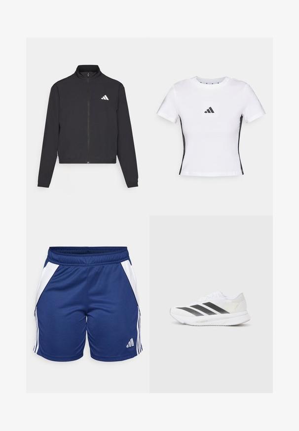 adidas Performance TRAIN ESSENTIALS 3 STRIPES WARM UP - Treningsjakke - black/white; Hvit kortermet t-skjorte laget av bomull, med en svart Adidas-logo i et kvadratisk merke og svarte sidelister. Klassisk rund hals.; Marineblå treningsshorts med hvite sidepaneler, laget av glatt stoff, med elastisk midje og Adidas-logo langs sømmen.; Hvit sportssko med svarte diagonale striper, mesh-overdel, rund tå og teksturert såle. Detaljene inkluderer en sølvfarget hæl og minimalistisk design.