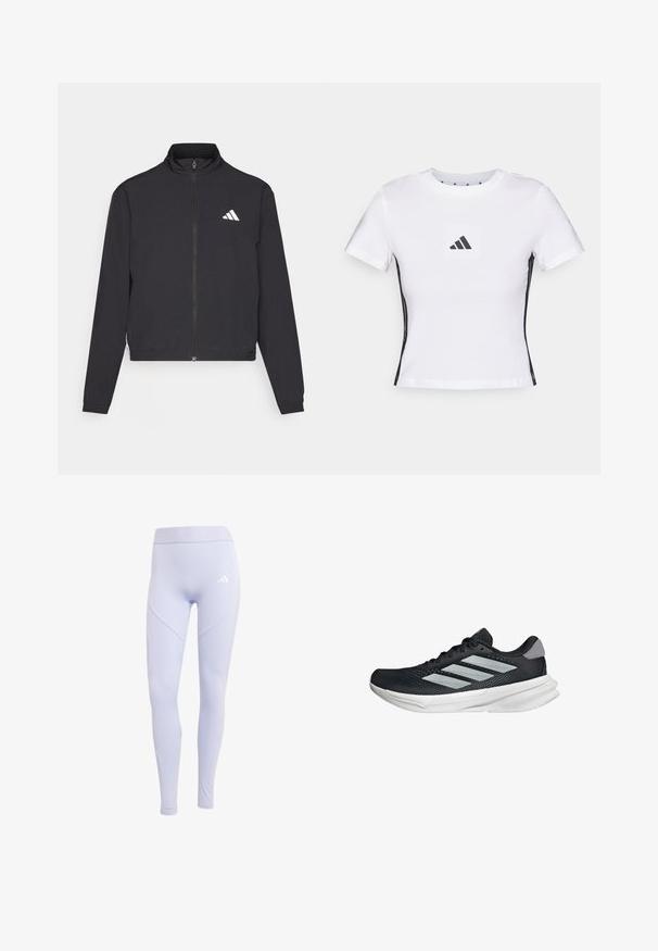 adidas Performance TRAIN ESSENTIALS 3 STRIPES WARM UP - Träningsjacka - black/white; Vit t-shirt med kort ärm i bomull, med en svart Adidas-logotyp i en fyrkantig patch och svarta sidodetaljer. Klassisk rund halsringning.; Ljuslila leggings i stretchy tyg med hög midja, som har en subtil logotyp och sömlös sidopaneldesign.; Svart löparskor med meshtopp, tre silverränder, vit mellansula och strukturerad sula. Har vadderad krage och snörning.
