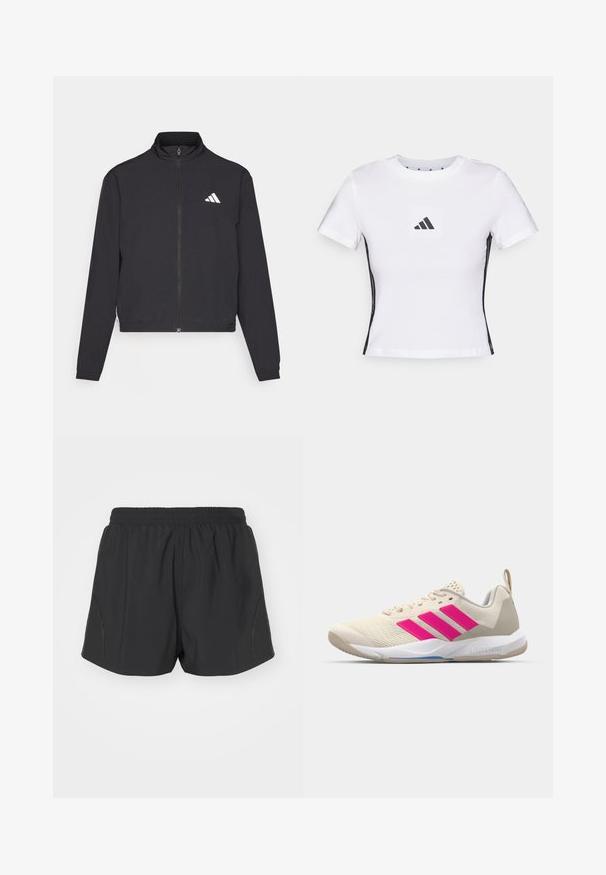 adidas Performance TRAIN ESSENTIALS 3 STRIPES WARM UP - Verryttelytakki - black/white; Valkoinen lyhythihainen t-paita, joka on valmistettu puuvillasta. Paidassa on musta Adidas-logo neliömäisessä tarrassa ja mustat sivuelementit. Klassinen pyöreä pääntie.; Mustat juoksushortsit, joissa on joustava vyötärö, kevyestä kankaasta valmistettu ja tekstuurilla varustettu suunnittelu, jossa on huomaamattomat sivuelementit.; Beige urheilujalkine, jossa on vaaleanpunainen kolmonen-striippi-logo, teksturoitu verkko-yläosa, pehmustettu kaulus ja valkoinen kumipohja, jossa on "LIGHTSTRIKE" -brändäys.