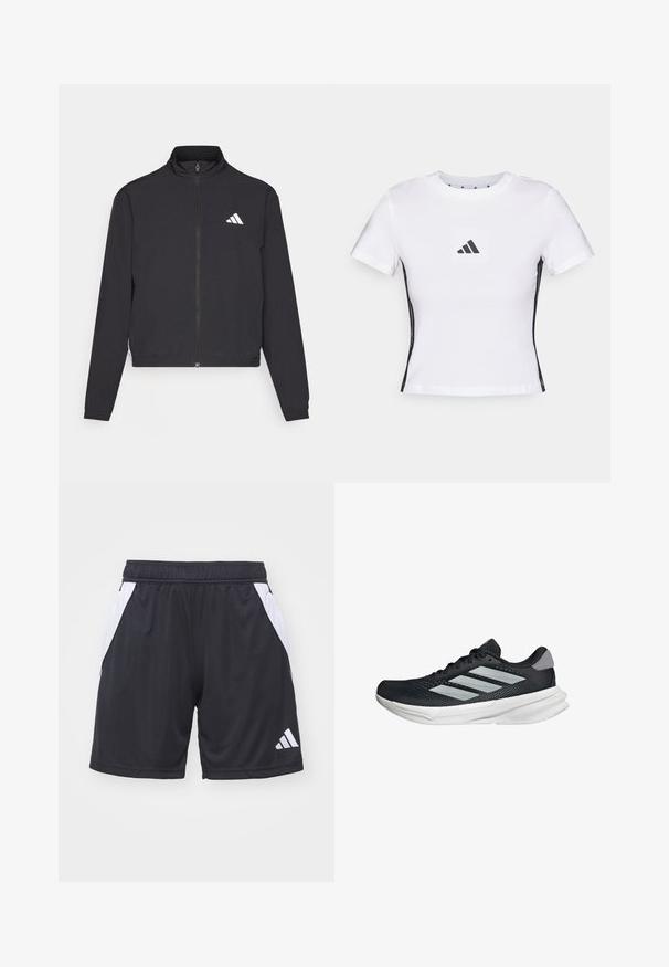 adidas Performance TRAIN ESSENTIALS 3 STRIPES WARM UP - Tréningová bunda - black/white; Biely krátky rukáv tričko vyrobené z bavlny, s čiernym logom Adidas v štvorcovej nášivke a čiernymi bočnými akcentmi. Klasický výstrih do okrúhla.; Čierne športové šortky vyrobené z ľahkej tkaniny, s bielymi bočnými panelmi a elastickým pásom. Obsahuje logo Adidas v bielej farbe.; Čierna behacia obuv s vrchnou časťou z priedušného materiálu, tromi striebornými pruhmi, bielou medzipodrážkou a textúrovanou podrážkou. Obsahuje polstrovaný golier a uzatváranie na šnúrky.