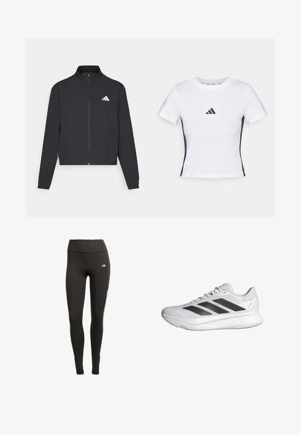 adidas Performance TRAIN ESSENTIALS 3 STRIPES WARM UP - Træningsjakke - black/white; Hvid t-shirt med korte ærmer lavet af bomuld, der har et sort Adidas-logo i et firkantet patch og sorte sideaccenter. Klassisk rund halsudskæring.; Sorte leggings lavet af strækbart stof, med en høj talje, hvide sideløbende striber og en sidelomme for praktisk brug.; Hvid atletiksko med en åndbar mesh-overdel, tre sorte striber, letvægts sål og teksturerede detaljer på hælen for støtte.
