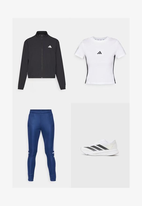 adidas Performance TRAIN ESSENTIALS 3 STRIPES WARM UP - Chaqueta de entrenamiento - black/white; Camiseta blanca de manga corta fabricada en algodón, con un logo de Adidas negro en un parche cuadrado y acentos laterales negros. Cuello redondo clásico.; Pantalones deportivos de color marino con un ajuste ajustado, elaborados con una tela suave, que cuentan con franjas laterales blancas y una cinturilla elástica.; Zapatilla deportiva blanca con rayas diagonales negras, parte superior de malla, punta redondeada y suela texturizada. Los acentos incluyen un talón plateado y un diseño minimalista.