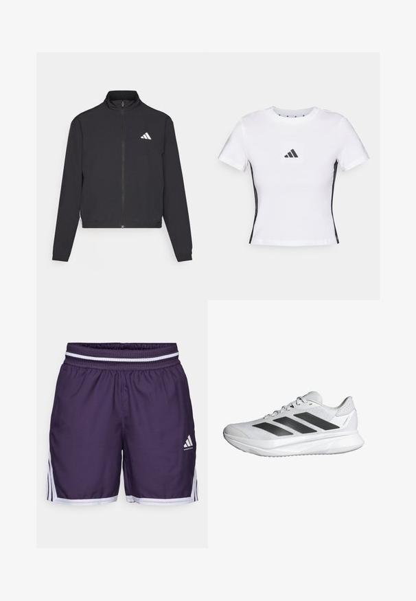 adidas Performance TRAIN ESSENTIALS 3 STRIPES WARM UP - Športna jakna/jopica - black/white; Bela majica s kratkimi rokavi iz bombaža, s črnim Adidasovim logotipom na kvadratnem žepku in črnimi stranskimi akcenti. Klasičen okrogli ovratnik.; Vijolični košarkarski šortki z elastičnim pasom, ki imajo bele mrežaste detajle. Vključujejo stranske črte in logo na spodnjem sprednjem delu.; Bela športna obutev z zračnim mrežastim zgornjim delom, tremi črnimi črtami, lahkim podplatom in teksturiranimi poudarki na peti za podporo.